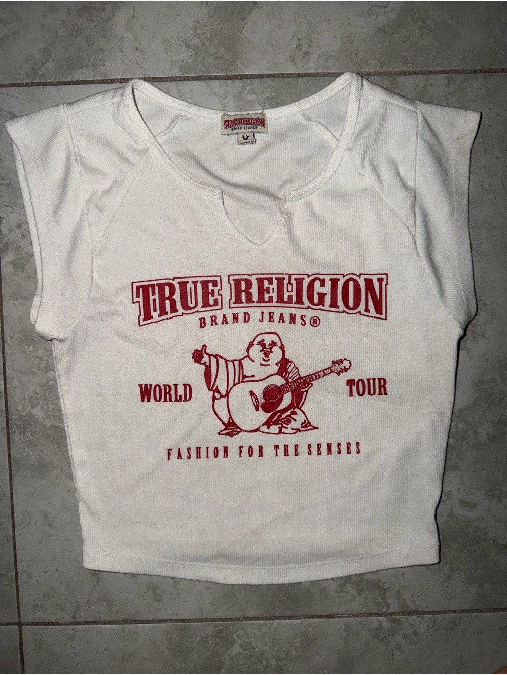 True Religion White Cropped Tee with Red Graphic Logo